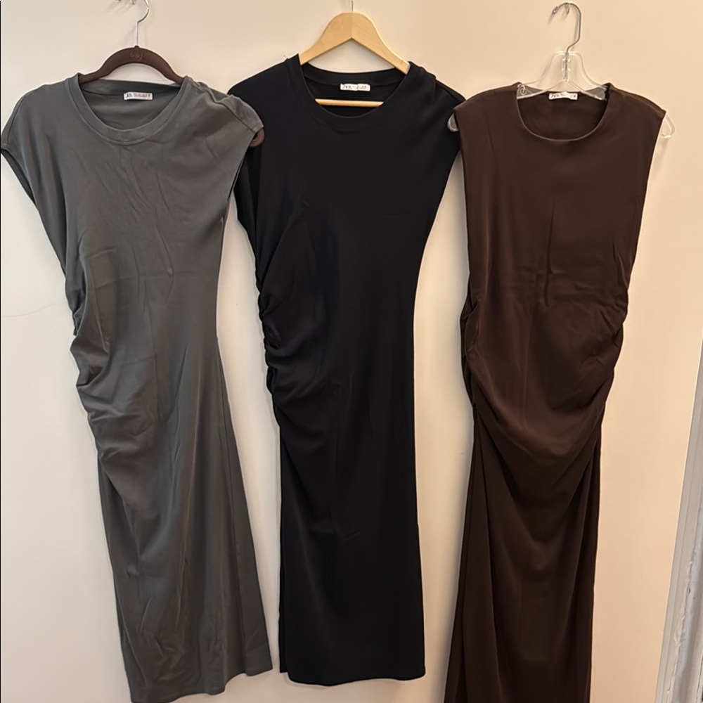Zara Gray Ruched Sheath Midi Dress Crew Neck